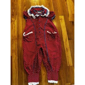 Vintage Bernadette's Biscotti Girl's Red Blue Polka dot Lace Romper One Piece 4T
